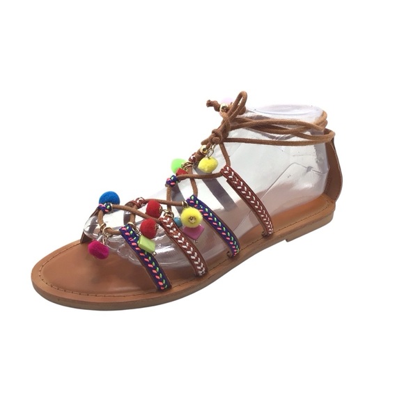 Mossimo Women’s Size 8.5 Gladiator Sandals Brown Boho Beaded Pom Pom Lace Up - Picture 3 of 12
